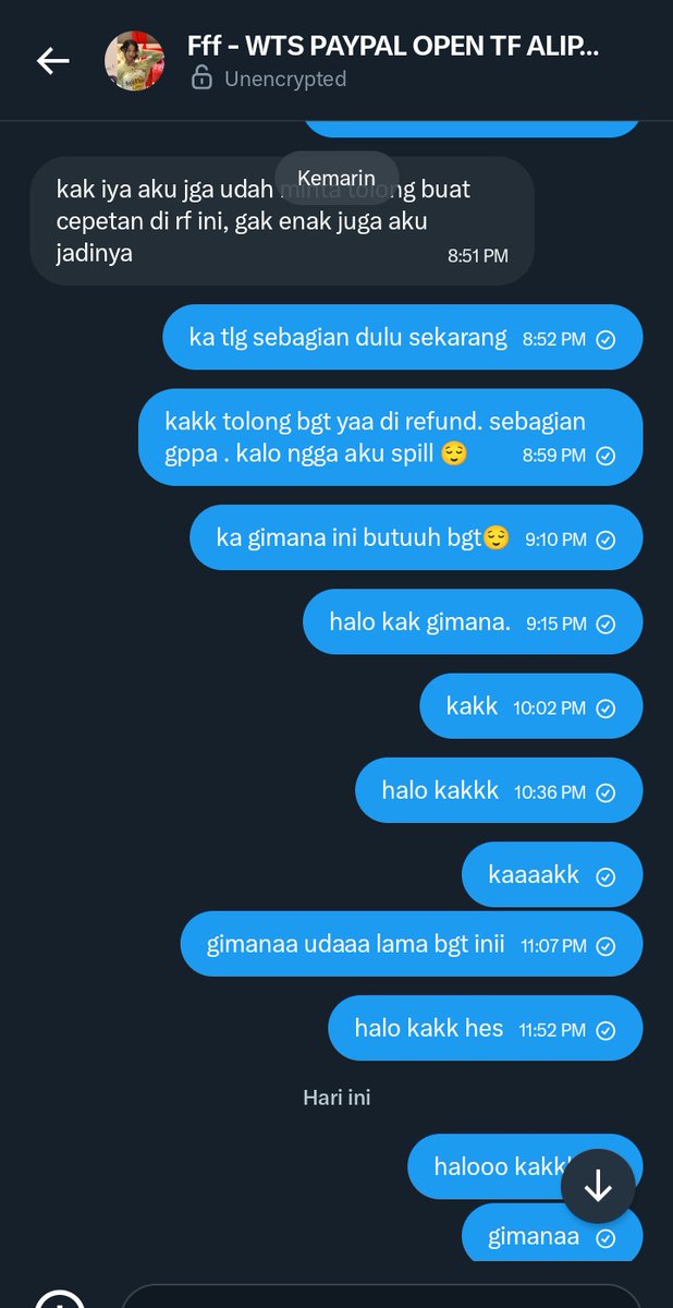 ‼️ HELP RT PLIS 🥹 ‼️

- SCAMMER, PENIPU, JASA TF YUAN ALLIPAY -

ak mau spill penipu jasa tf yuan ini, dia open jasa paypal, tt alipay yuan . aku abis kena tipu 829k :) dimana sebenernya aku ga keiming2 rate rendah tapi lebih ke keburu2 aja 🥹
akun : x.com/pixawrocx
