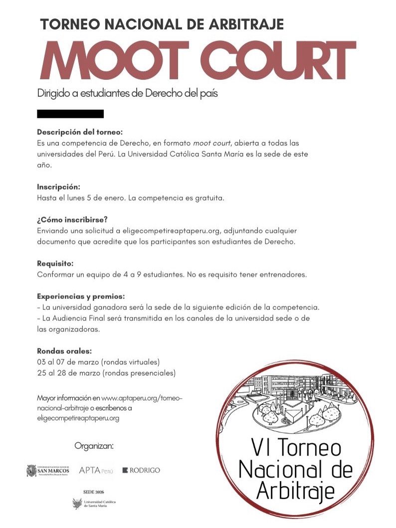 aptaperu's tweet photo. ¡Fechas importantes! 📣 

Tú también compite en el Torneo Nacional de Arbitraje - VI Edición 🏛️. 

Las rondas orales generales serán virtuales y las eliminatorias en la UCSM, Arequipa 🗻. Inscripciones hasta el lunes 5 de enero de 2026. https://t.co/B33nbsfaPL