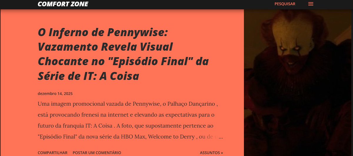 comfortzonebr's tweet image. Uma imagem promocional vazada de Pennywise, o Palhaço Dançarino, está provocando frenesi na internet e elevando as expectativas para o futuro da franquia IT: A Coisa. A foto pertence ao "Episódio Final" da nova série da HBO Max, Welcome to Derry🔻
comfortzonebr.blogspot.com/2025/12/o-infe…