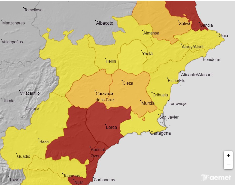 Meteorología amplia aviso de fenómenos adversos de nivel rojo, naranja y amarillo por lluvias y tormentas hoy lunes en la #RegióndeMurcia

⛈️noticias.112rmurcia.es/?p=14214