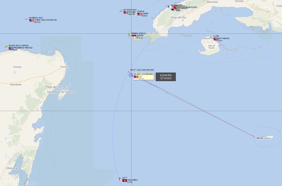 FlconEYES's tweet image. SD-3001 (UNCREWED) 338432795
#Saildrone activo en el Canal de #Yucatán.
Su base es en #CaymanIslands, cubriendo unos 420km (221nm) de distancia. 
(Distancias previas registradas 200km y 300km) 
Coord: 20°56.150 N  84°59.745 W
En el mapa, los últimos 90 días de navegación y la