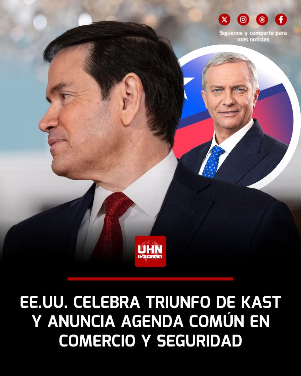 🇺🇸🇨🇱‼️ | Estados Unidos celebró el triunfo electoral de José Antonio Kast como nuevo presidente de Chile, con el secretario de Estado Marco Rubio expresando plena confianza en impulsar una agenda común enfocada en fortalecer el comercio bilateral y la cooperación en seguridad