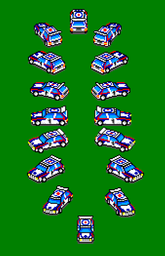 pw_32x's tweet image. SMS Experiment, Day 13. Basic 16 directions done for the car. Now it's to put it all together and see how all the frames mismatch while rotating around. #sega #mastersystem #homebrew #graphicsgale