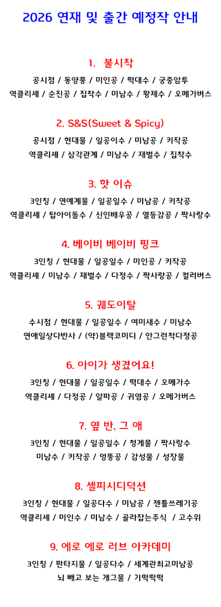 26년 연재작 안내입니다.

지금 연재중인 작품들이고, 여기서 새로 지르면 저는 인간이 아니겠죠...?

전부 계약작이라 올해 완결 못 내더라도 언젠가는 냅니다.

매일 조금씩 수정 및 연재하고 있는 것들이라 찾아가서 봐주시면 매우 감사합니다.

혼자서 연재하기 적적하니까 좀 가서 봐줘....