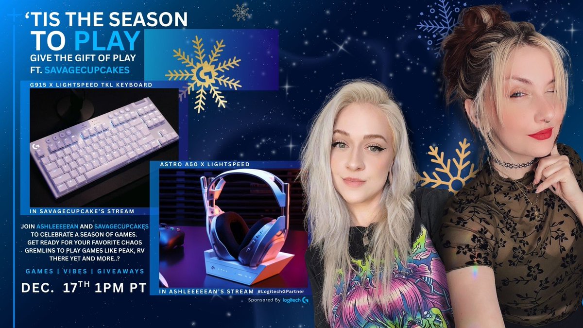 Grateful to join <a href="/ashleeeeean/">Ash</a>  for some holiday fun as we stream #TistheSeasontoPlay w/ <a href="/LogitechG/">Logitech G</a>! 

I get to be an honorary #LogitechGPartner for the day &amp; get to #KeepPlaying with one of my best friends.

Join us for some Friendslop games &amp; giveaways! #ad 
Wed Dec 17 | 2PM MST