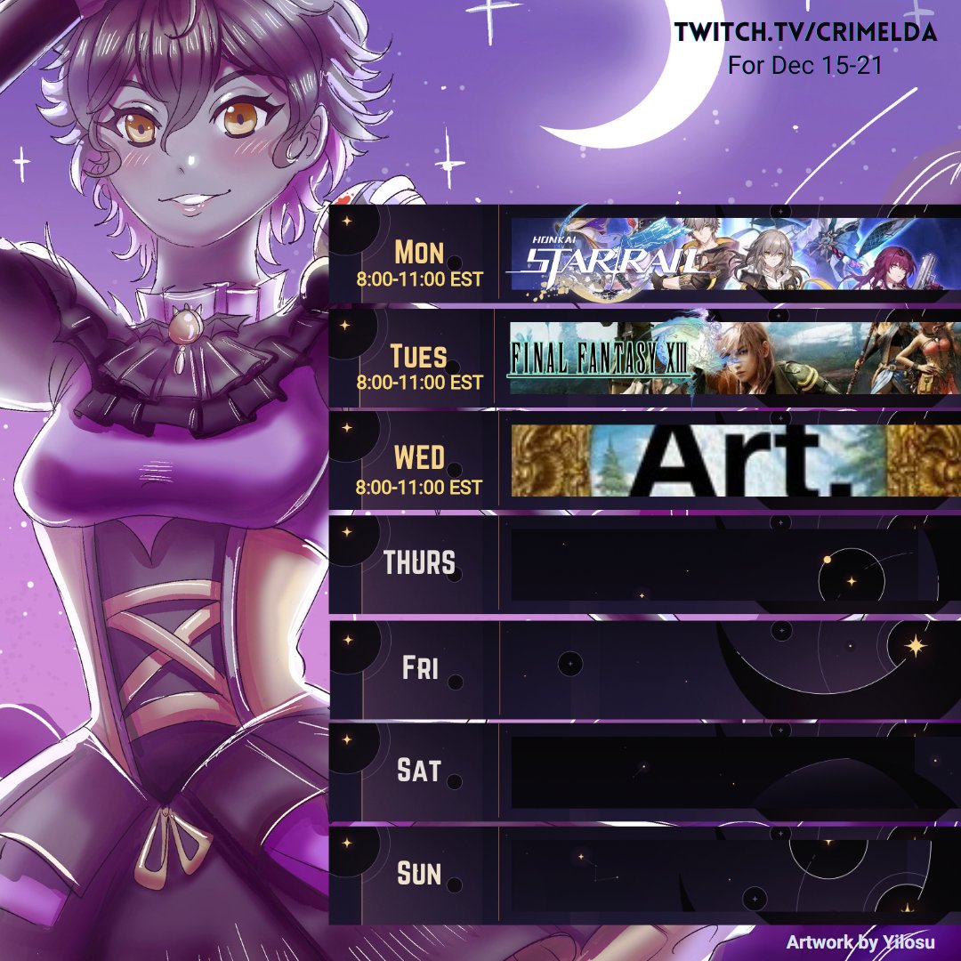 Art is courtesy of <a href="/YilosuDraws/">Yilosu</a> please check them out! Here is our Schedule for the week: Mon is going to be Honkai thru Amphoreus. Tues will be more FF13. Wed I will finish the art that we'd begun last week. Weeee! #indievtuber