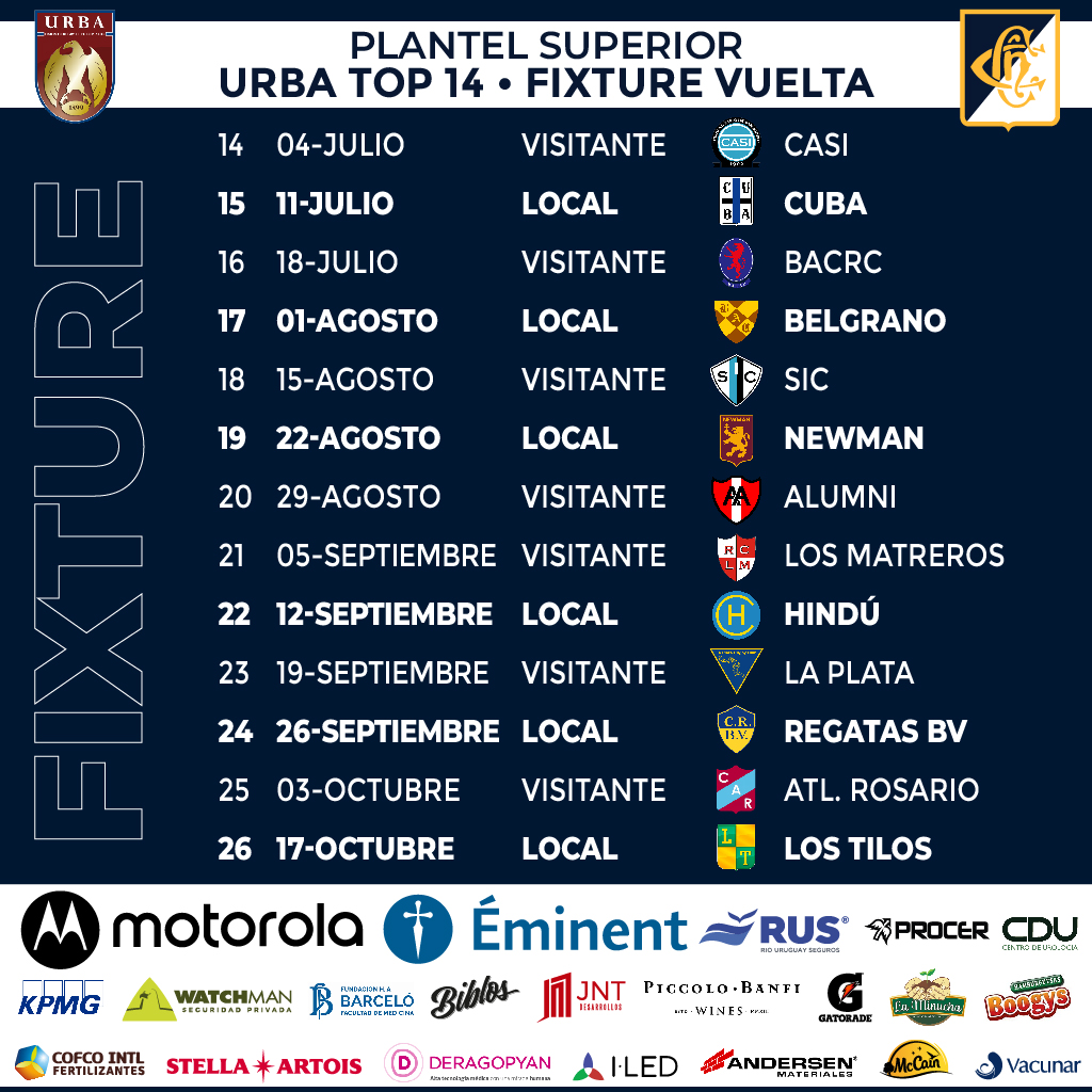 🏉Ya está confirmado el 𝗳𝗶𝘅𝘁𝘂𝗿𝗲 𝗱𝗲𝗹 𝗧𝗼𝗽𝟭𝟰 de la <a href="/URBA_ok/">URBA</a>  para la vuelta de Champa a la máxima categoría.
A continuación te compartimos fechas y localías de todo el año para que te organices bien y puedas venir a alentar a todos nuestros equipos.
Vamos Champa 🔵⚪