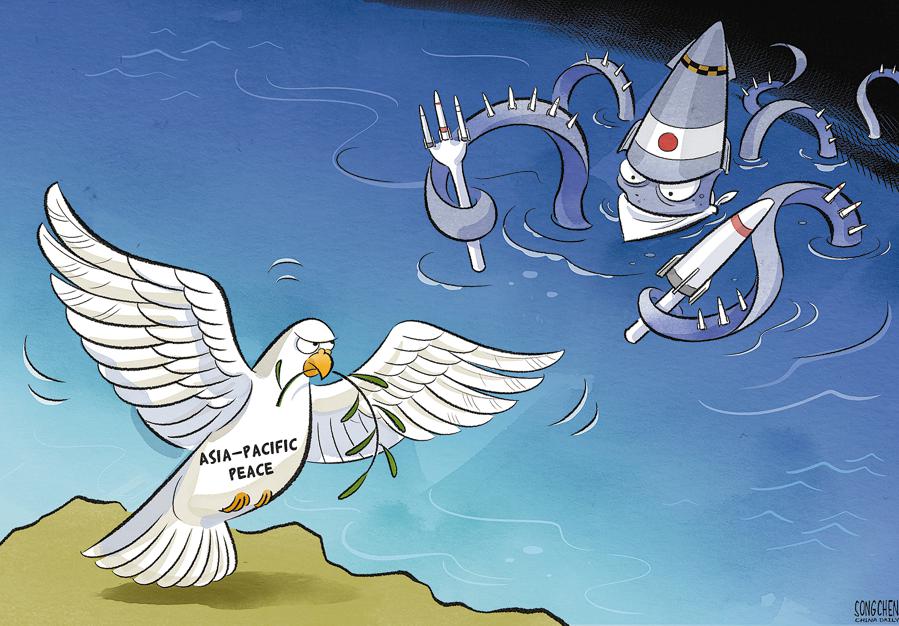 中国メディアの日本軍国主義化の風刺画。