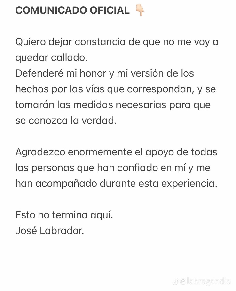 comentemoslo's tweet photo. Labrador pública COMUNICADO OFICIAL después de lo ocurrido en el show de #LaCasaDeLosGemelos 🏠 

En resumen, no se arrepiente de nada.
Por si fuera poco, amenaza a los gemelos. https://t.co/ddbgkhU3W6
