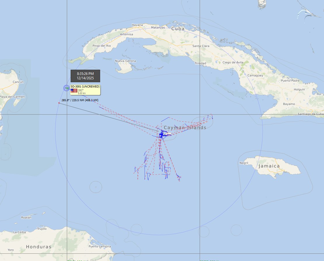 FlconEYES's tweet image. SD-3001 (UNCREWED) 338432795
#Saildrone activo en el Canal de #Yucatán.
Su base es en #CaymanIslands, cubriendo unos 420km (221nm) de distancia. 
(Distancias previas registradas 200km y 300km) 
Coord: 20°56.150 N  84°59.745 W
En el mapa, los últimos 90 días de navegación y la