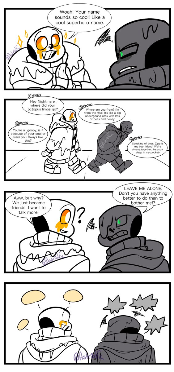 [Repost] Honey Sans meets Nightmare Sans
#nightmaresans #honeysans #undertaleau #undertaleaunightmaresans #utau #underhoneysans #underhoney