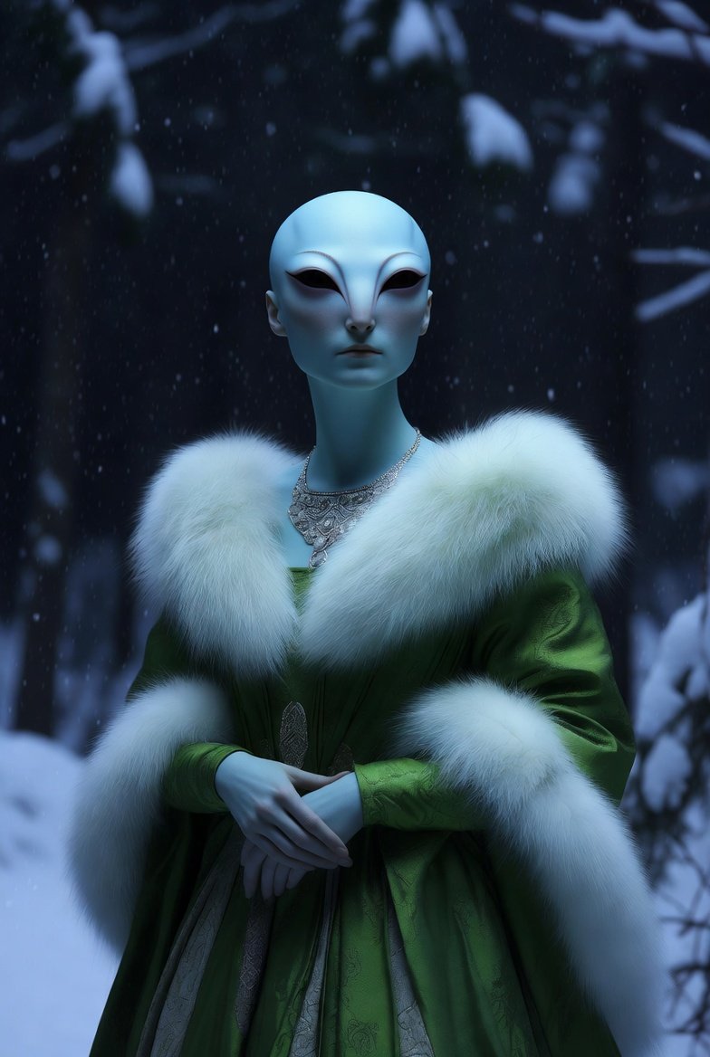 A beautiful Arcturian woman dressed up as an European noble in winter.

She is actually bi-localling, and since she is in a deep remote forest she can turn into her true self, just for a moment.