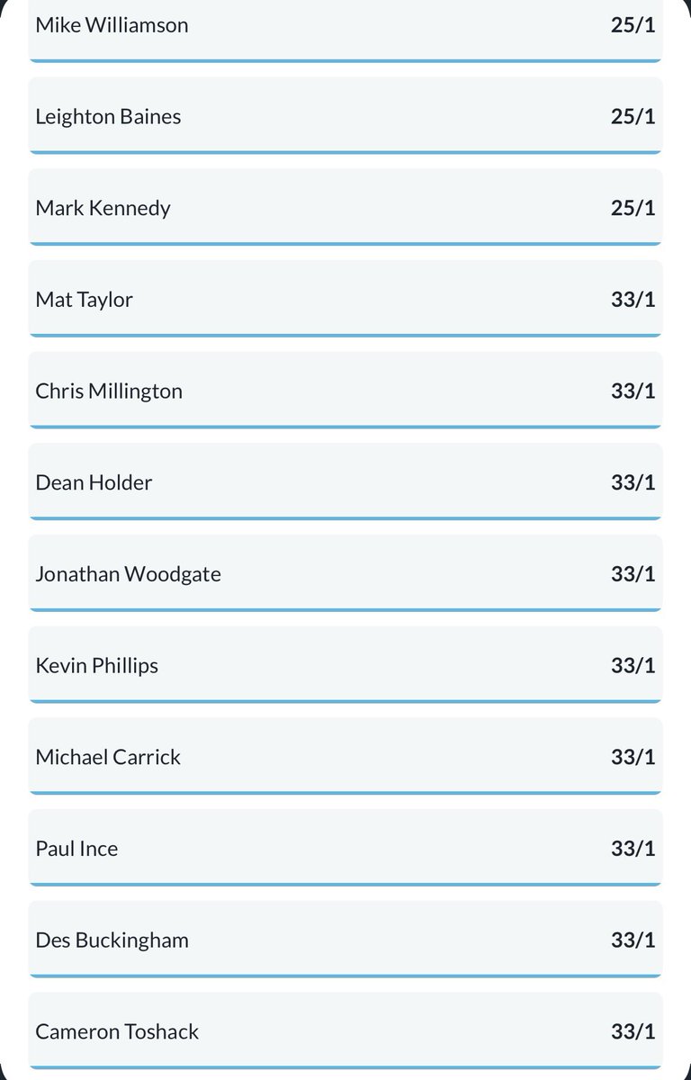 GasNewManager's tweet image. 15.12.2025 Early Morning Update
Again a bit late (😬), Brady still favourite but Bloomfield now level odds with him

Top 6
1️⃣ Jon Brady 5/4
2️⃣ Matt Bloomfield 5/4
3️⃣ Steve Evans 4/1
4️⃣ Tony Pulis 10/1
5️⃣ Steve Bruce 16/1
6️⃣ Robbie Savage 16/1