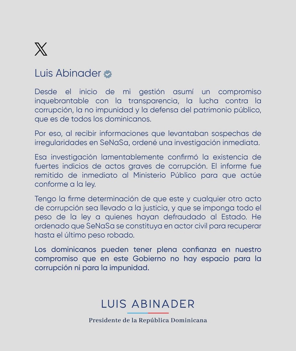 PenaMiralva's tweet photo. Lo más grave del caso Senasa no es solo lo que está saliendo a la luz. Antes, el presidente Luis Abinader defendía a Senasa en La Semanal diciendo: “En mi gobierno no hay espacio para la corrupción e impunidad”

Pero cuando el escándalo estalla, solo hay un comunicado y silencio. https://t.co/aSMgrtPjYx