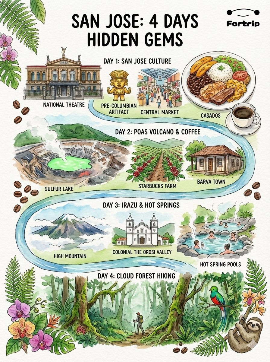 fortripai's tweet photo. 🌋 Why Do Travelers Skip San José?!
Costa Rica’s capital is totally underrated — and honestly worth three full days.
If you only treat San José as a “transit city,” you’re missing half the fun.
New visitors: just save this and copy the plan!

Day 1｜City Culture & Hidden Gems

📍 National Theatre — Do the interior tour!
Elegant European-style design; every photo looks like fine art.
📍 Pre-Columbian Gold Museum — a stunning collection of ancient gold artifacts.
📍 Jade Museum — heaven for jade lovers; beautifully curated.
📍 Mercado Central — coffee + Casado + seafood soup = perfect local lunch.
📍 Barrio Amón — historic mansions, art shops, creative cafés.

�� Cafe picks:
• Café Rojo — Asian fusion + chill courtyard vibes
• Cafe Miel — specialty coffee favorite
🍽 Food: Soda Tapia, Silvestre (reserve ahead)

Day 2｜Volcano + Coffee Farm + Colonial Town

🌋 Morning: Poás Volcano (reserve at https://t.co/jrIyKIryhQ)
10–15 min walk to the massive crater; on clear days the lake glows emerald green.
Sulfur mist drifting across the view = unreal.

☕ Midday: Starbucks Hacienda Alsacia
The only Starbucks-owned coffee farm open to visitors.
See coffee from seedling → harvest → roasting.
Red coffee cherries + volcanic valley views = perfect photos.
Book the Coffee Farm Tour in advance!

🏘 Afternoon: Barva Town
Quiet colonial streets, local cafés, village life.
If you have energy, walk near Barva Volcano’s foothills.
🍽 Arte y Gusto Café, La Casona de Barva

Day 3｜Volcano Above the Clouds + Valleys + Hot Springs

🌋 Morning: Irazú Volcano
Above the clouds; on clear days you can see both the Pacific & Caribbean.
Main crater lake shines emerald.
Go before 8am for the best visibility.

🏞 Midday: Orosi Valley
Green valleys + cloud forests + rivers + colonial villages.
• Mirador de Orosi
• Orosi Church (oldest church in Costa Rica)
• Tapantí National Park

♨ Afternoon: Hot Springs
Hacienda Orosi — rainforest, quiet, dreamy
Casa Turire — lake + garden views
🍽 La Casa del Soñador, Soda Orosi

Day 4｜Cloud Forest Trail or Easy City Day (Choose 1)

🥾 Barva Volcano Cloud Forest
3–5 hrs round trip; dense forest, birds, very few people.
Reach Laguna Barva — a mystical volcanic lake.

😌 San José Relax Day
Avenida Central (main pedestrian street)
Coffee beans + chocolate shopping
Costa Rica Craft Market
Brunch: Franco / Alma de Café

🌿 Trip Highlights
✔ Three volcano experiences
✔ The world’s only Starbucks visitor farm
✔ Museums, theatre, art districts all in one city
✔ Valleys, viewpoints & healing hot springs

#CostaRica #SanJoseCR #PoasVolcano #IrazuVolcano #HaciendaAlsacia #CostaRicaTravel #PuraVida #OrosiValley #BarrioAmon #CostaRicaCoffee #Fortripai