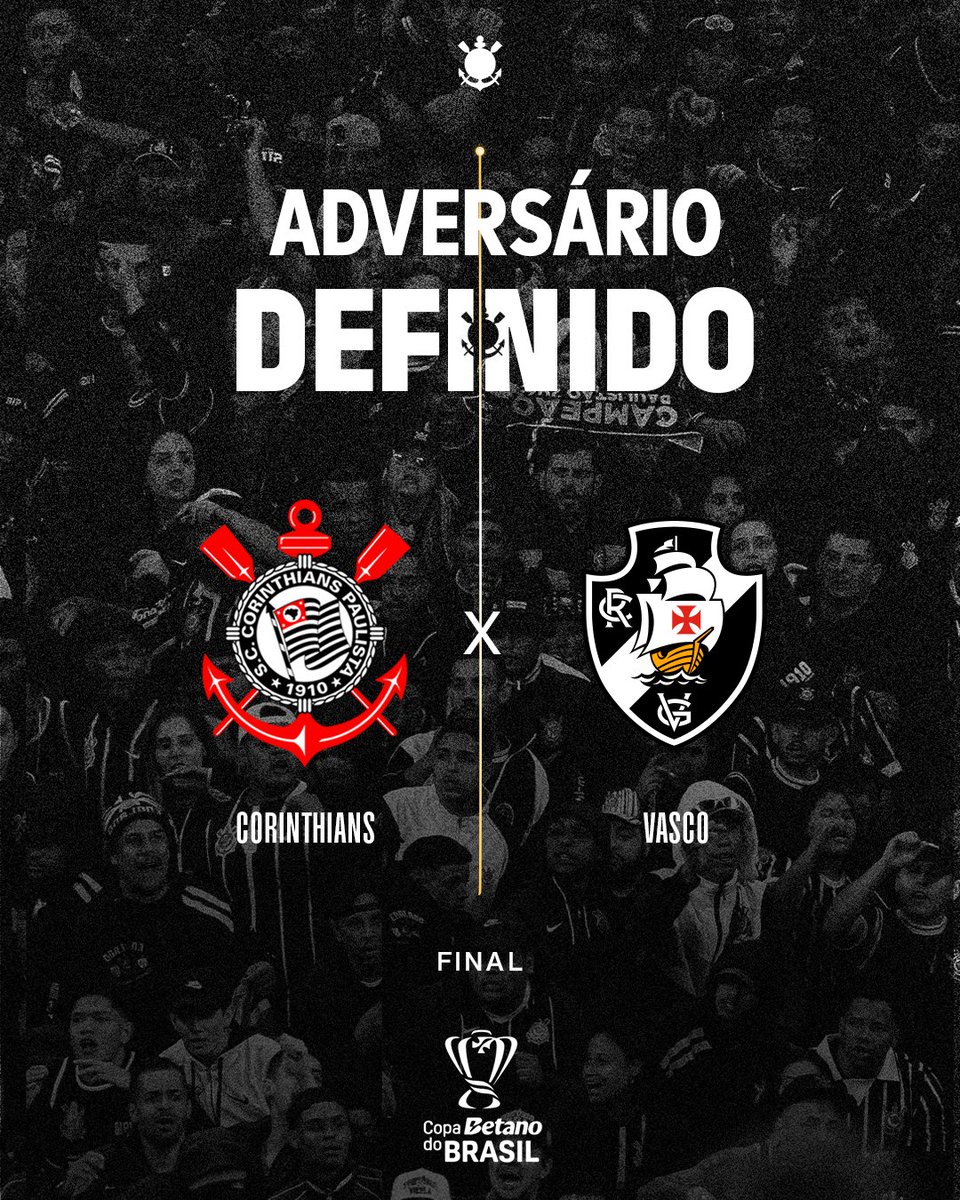 ADVERSÁRIO DA GRANDE FINAL DA COPA DO BRASIL DEFINIDO!!! ☑️

O Timão terá o Vasco como adversário da decisão da Copa do Brasil de 2025! ⚽

🎶 VAMOS JOGAR COM RAÇA E COM O CORAÇÃO... 🎶

#VaiCorinthians
