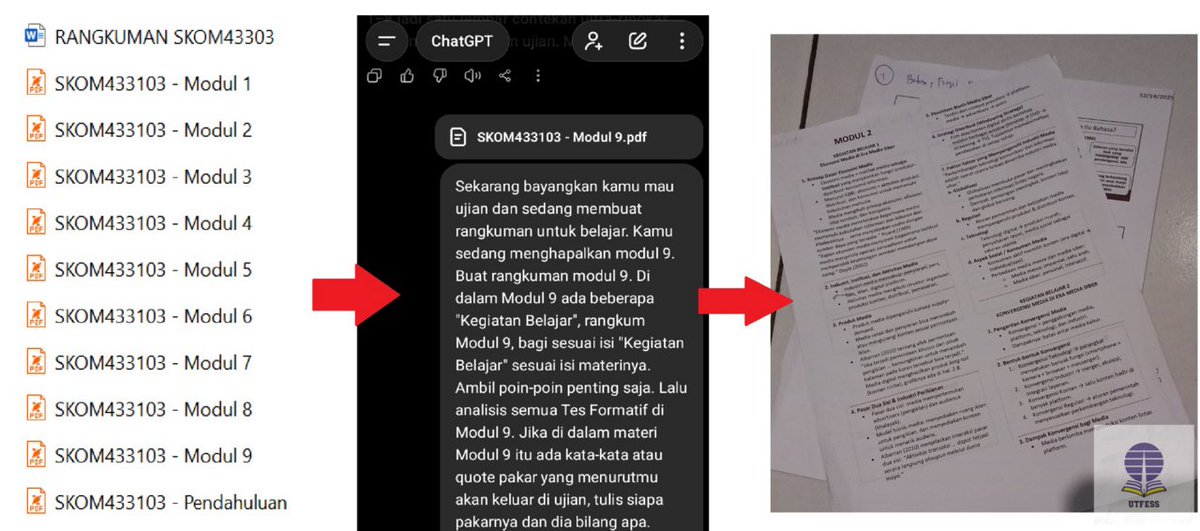 ut! Mau berbagi cara belajar utk bahan ajar yg tebal2. 
- Modulnya jadikan file dulu (image, txt, pdf, dll). Banyak caranya lah.
- Dirangkum pake ChatGPT
- Cek dan dilengkapi lagi data-datanya sebelum diprint. 
- Print, dan belajar dari sana. Paling juga jadinya 10-20 halaman.