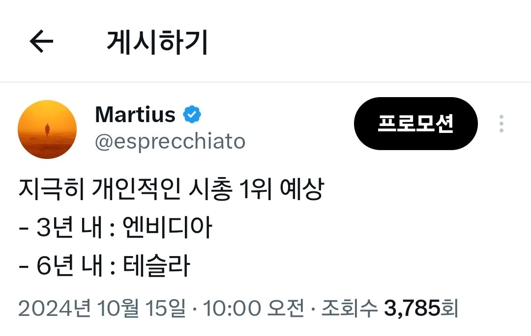 esprecchiato's tweet image. 지극히 개인적인 시총 1위 예상
- 2년 내 : 구글
- 5년 내 : 테슬라