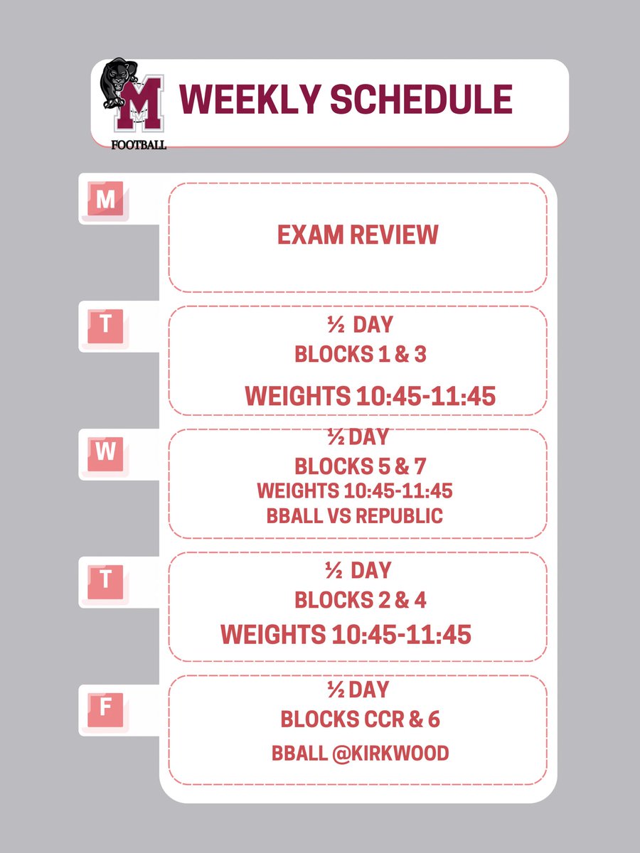 It’s an exam week, so stay locked in 
Here’s what the week looks like for our Panthers:

Exam review
Weights during half days
Basketball action vs Republic &amp; at Kirkwood

Handle business in the classroom and keep showing up the right way.
Discipline. Effort. Accountability.