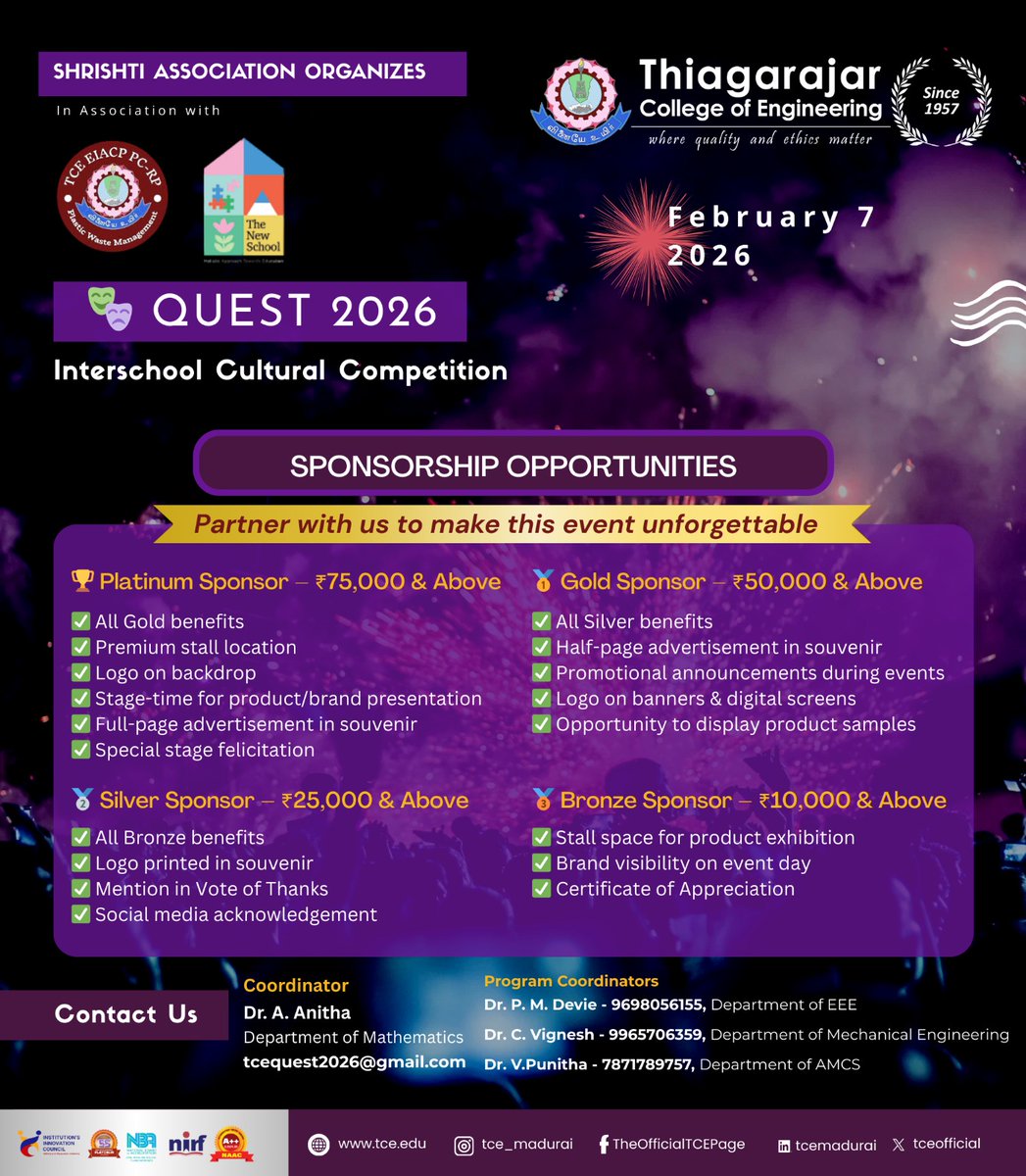 tceofficialpage's tweet photo. ๐ QUEST 2026 โ Interschool Cultural Fest ๐จ๐ค๐
๐ Feb 7, 2026 | ๐TCE
Theme: Generation Green ๐ฟ
Open to Classes 5โ12 | Free Registration!
๐ฑ Scan QR to join
#TCE #Quest2026 #ShrishtiAssociation #GenerationGreen #CulturalFest #MaduraiEvents https://t.co/srYSvUwLef