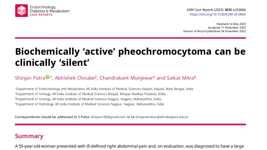 shinjan100's tweet photo. #Pheochromocytoma with extremely high serum free nor-metanephrine values can be asymptomatic too. Sharing our latest case report @EDMCaseReports where we described an incidentaloma later only to be found as nor-epinephrine secreting adrenal pheochromocytoma. Have you encountered such cases before? What can be the cause of normotensive status in such patients? Gratitude to the whole team. 
Kindly read and cite in your papers. 
https://t.co/67F06vOxUA
@IndiaESI 
@drchandrakant_m