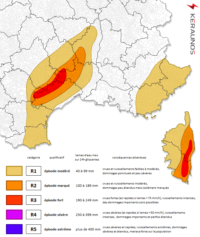 Un épisode pluvio-orageux actif débute ce lundi sur le sud du pays avec des lames d'eau significatives prévues sur l'axe des Cévennes mais aussi sur l'est de la Corse.
Le flux de basse couche contribuera significativement au soulèvement et à l'intensité des pluies.

Bulletin