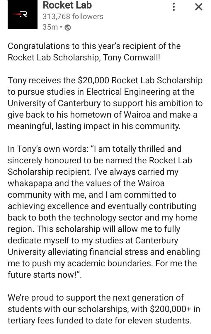 $RKLB 🌏🇳🇿🇺🇲🇦🇺🇨🇦🇩🇪🇬🇧🇯🇵🇰🇷...

Congratulations Tony Cornwall for winning <a href="/RocketLab/">Rocket Lab</a> scholarship award 👏 👏👏.
Thank you Rocket Lab for backing the next generation 🫡.