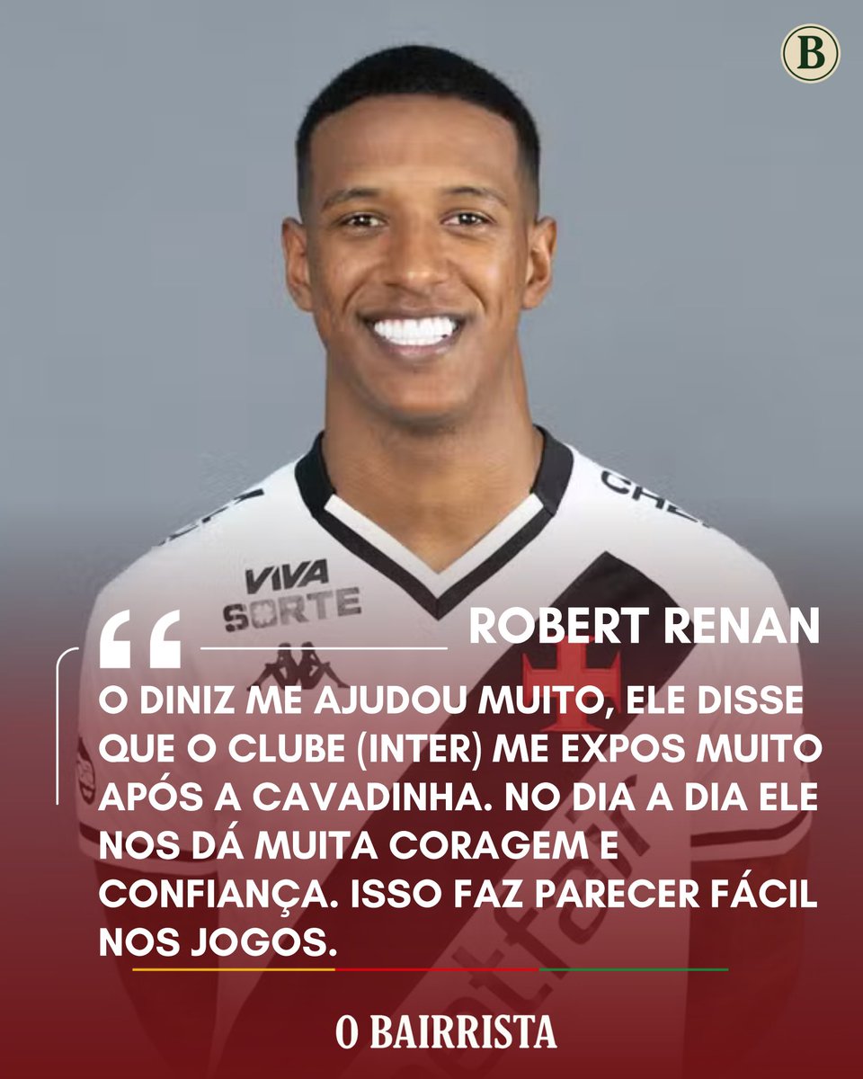 O_Bairrista's tweet photo. Após a classificação à final da Copa do Brasil, Robert Renan, ex-jogador do Internacional e atual zagueiro do Vasco, comentou sua relação com Fernando Diniz e a confiança que o treinador passa aos jogadores. https://t.co/UMhRUonIzQ