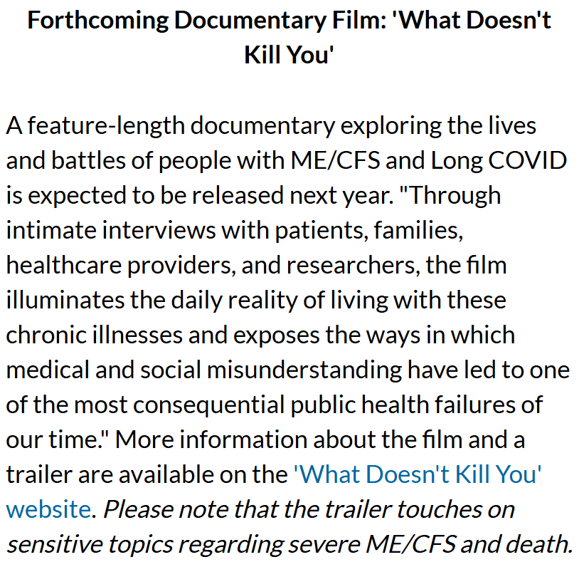 Forthcoming Documentary Film: 'What Doesn't Kill You' <a href="/MECFSDoc_WDKY/">What Doesn't Kill You</a> 

whatdoesntkillyou.movie

Screenshot from December e-newsletter of  Massachusetts ME/CFS &amp; FM Association

massme.monkeypod.io/mailcoach/webv…

#MEcfs #PwME