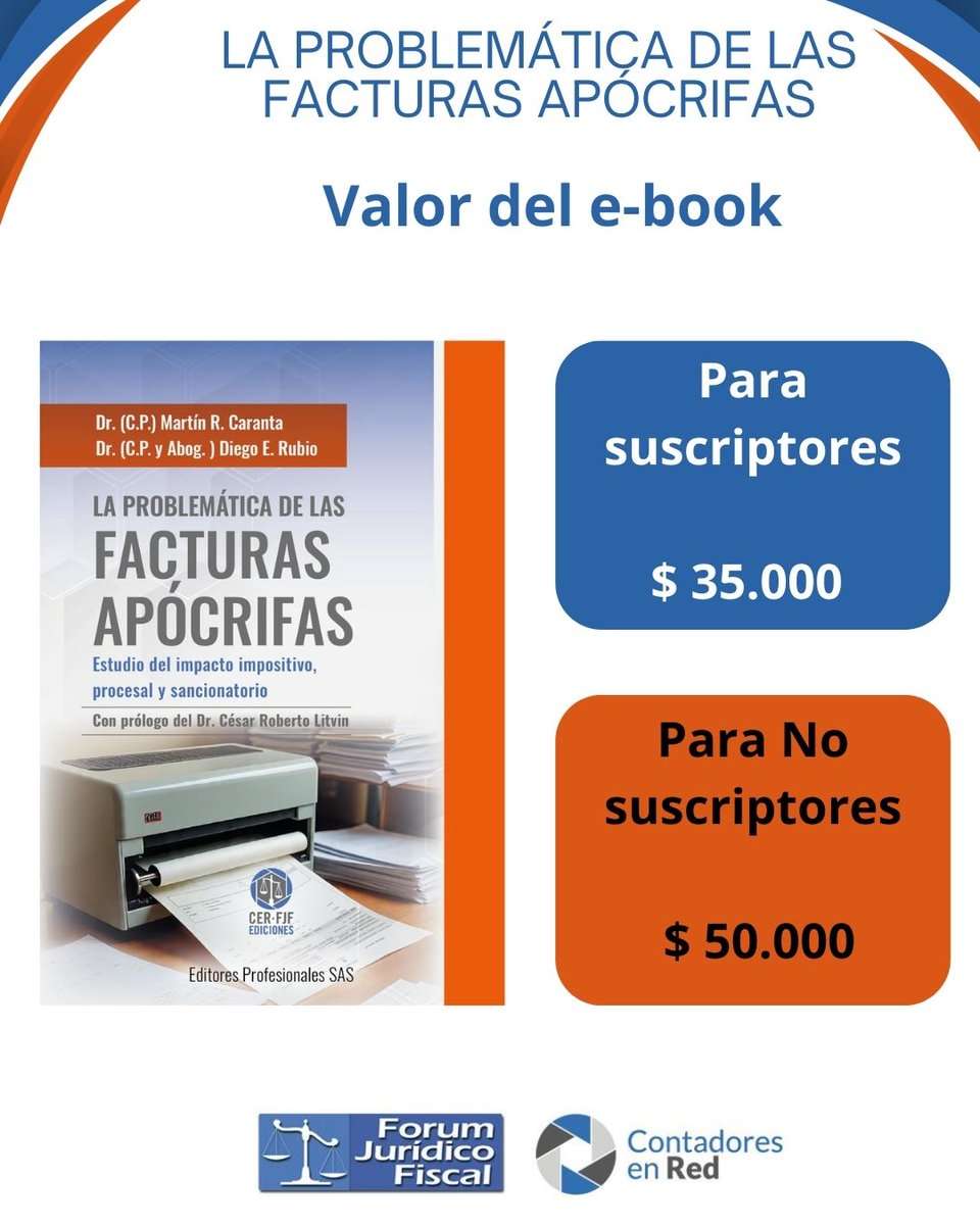 Contadoresenred's tweet photo. 📘 E- Book: La problemática de las facturas apócrifas. 🆕

📝 Autores:
🔹 Dr. (CP) Martín Caranta @mrcaranta
🔹 Dr. (CP y Abog.) Diego Rubio @crdiegorubio

Índice

▪️Deberes formales de los contribuyentes
▪️Origen de la base E-APOC
▪️Impuesto a las Salidas No Documentadas: naturaleza jurídica.
▪️ISND sobre facturas apócrifas
▪️Estados administrativos de la CUIT y control de comprobantes
▪️Defensa del contribuyente en el ámbito sustancial
▪️Efectos colaterales
▪️Consecuencias infraccionales y penales
▪️Reflexiones finales y propuesta metodológica
▪️Jurisprudencia relevante de la CSJN

🔔 Recordá que si sos suscriptor de @forum_fiscal_ tenés un 30% de descuento en todos los ebooks.

https://t.co/rpAeorw4tW