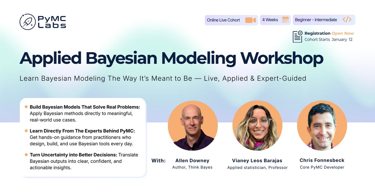 pymc_labs's tweet image. Registration is now open for the Jan 2026 Applied #Bayesian Modeling Workshop!

Hands-on guidance from #PyMC Labs experts, practical Bayesian modeling you can use right away. Starting Jan 12.

Seats are limited → dub.link/2Kjepk4