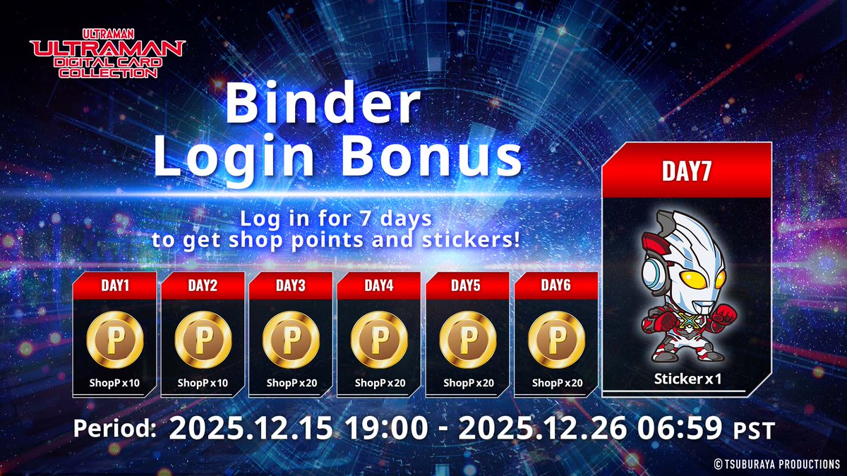udcc_en's tweet photo. ◤#UltramanDigitalCardCollection◢
Starting today, the Binder Login Bonus begins! !
Log in to receive Shop Points and Binder items! ✨🎉✨
Check the app for more details👀✨
#UltramanCardGame #UltramanCollection https://t.co/cIxyG3iwzi