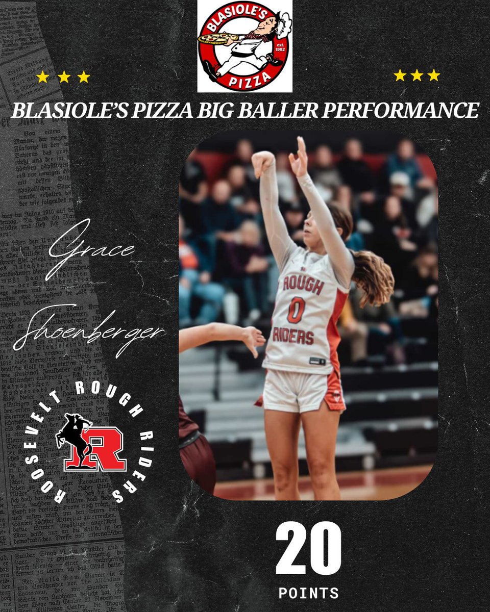 SmallTowneMedia's tweet photo. Blasiole's Pizza BIG BALLER Performance: Grace Shoenberger of the Roosevelt Rough Riders who posted 20 in their 64-17 win over Barberton!
@rriderathletics @LadyRidersHoops @Blasioles https://t.co/sy8kqIgMAO