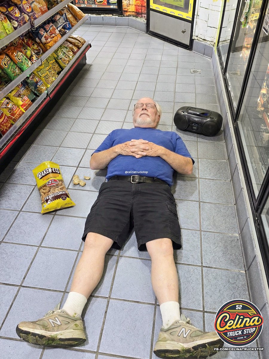 celinatruckstop's tweet image. Our long-time customer Pat recently lost Linda, his wife of 55 years, so we've been supporting him in every way we can. Today Pat is healing by lying down in the store while listening to Linkin Park at max volume.

The chip and cooler aisles will have limited accessibility until…
