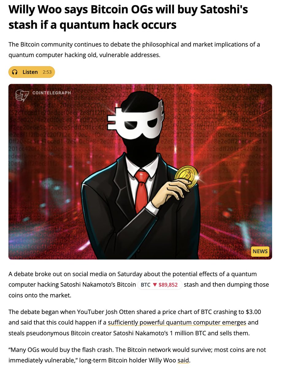 Sure, lots of #bitcoin OGs would buy BTC at 3$ in case of a quantum attack,  just like @woonomic predicts here, but trust in the system would be  entirely gone. I would