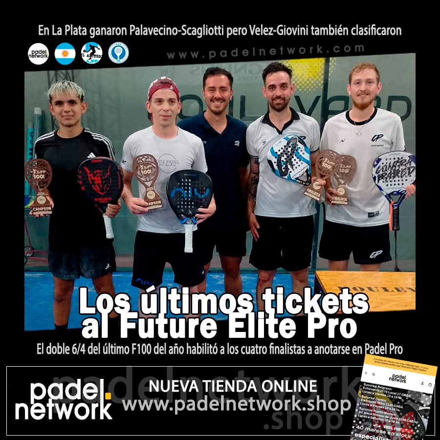 PadelNetwork's tweet image. En el F100 de La Plata hubo + que 100 pts en juego. Campeones y sub se agregaron a los habilitados a inscribirse al F100 Elite Pro de la semana próxima donde sólo pueden jugar quienes llegaron a finales 2025. Scagliotti-Palavecino, 6/4 6/4 a Velez-Giovini.
padelnetwork.com/ajpp/2025/dici…