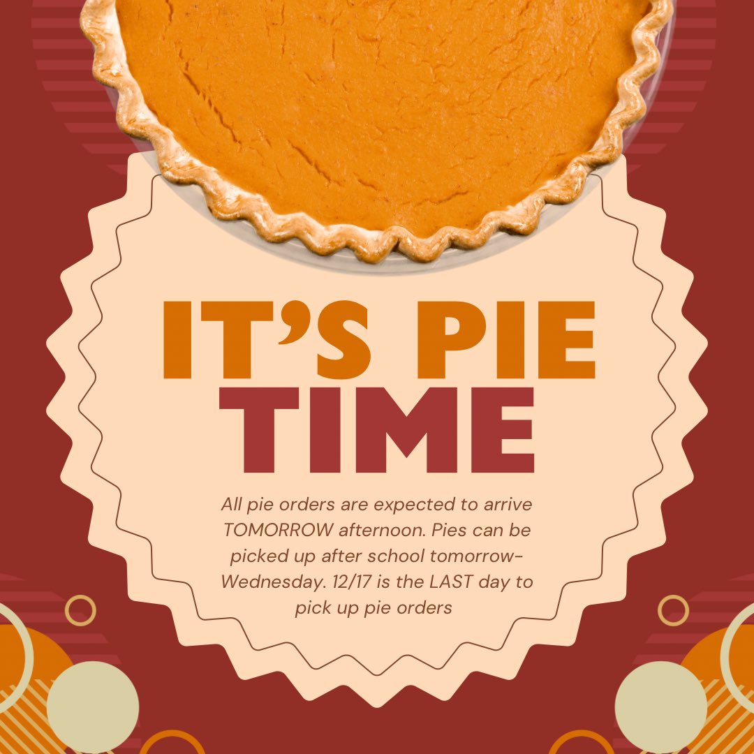 SKMS_FCCLA's tweet photo. All pie orders are expected to arrive TOMORROW afternoon! Members may pick up their pies after school tomorrow- Wednesday. 12/17 is the LAST day to pick up all pie orders.
Important reminder: Members are responsible for delivering the pies they sold directly to their buyers. https://t.co/AmTHWWrUvm