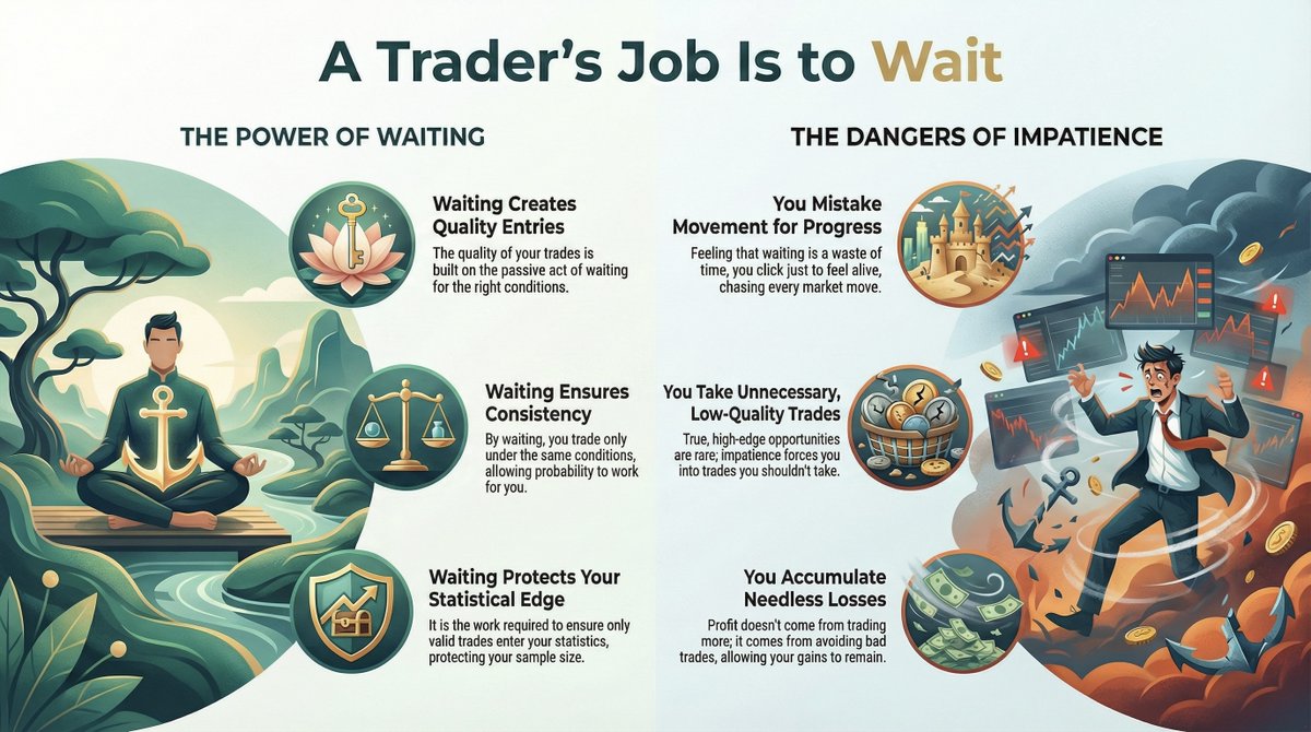 Your job is not to always be in a trade.
Your job is to wait until your edge appears.

Stop grading yourself by activity.
Grade yourself by discipline to wait.