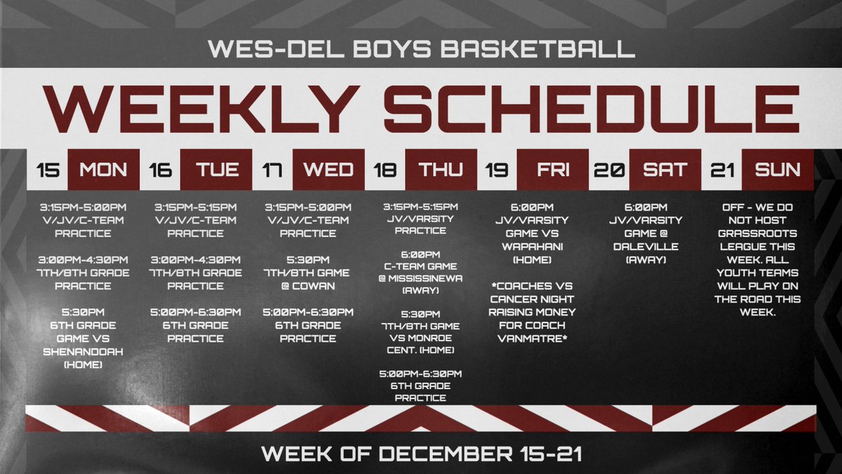 Wes-Del Boys Basketball Schedule for the Week of December 15th - December 21st

#Family #BeTheStandard