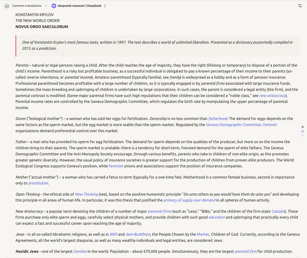 유대인 여성들에게 번식을 아웃소싱하는 것
 믿기 ​​어렵겠지만, 크릴로프도 1997년에 이걸 예측했었죠! 그가 이 모든 일이 일어나는 걸 보지 못하고 세상을 떠난 게 정말 안타깝네요.