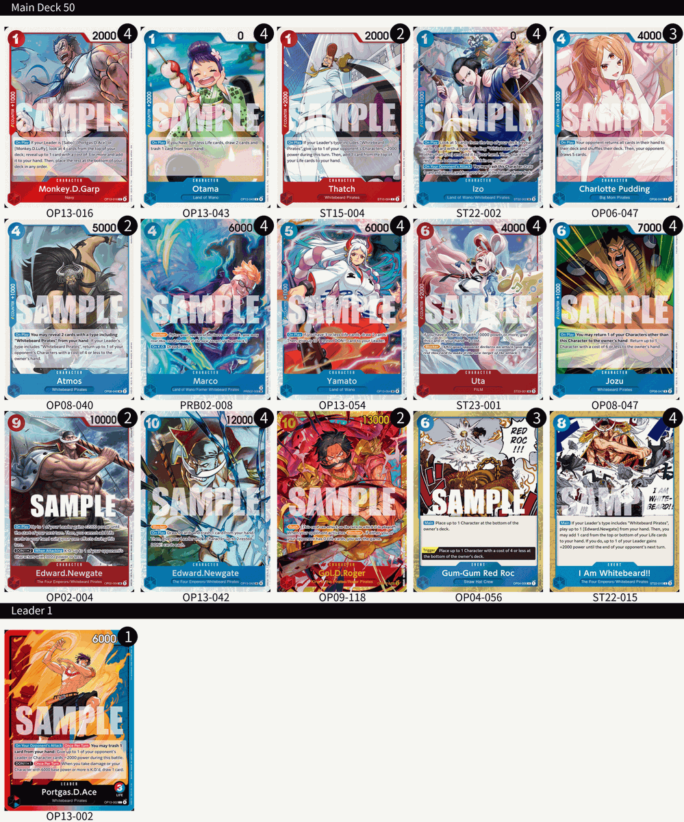 ONEPIECE_tcg_EN's tweet image. [Deck List]
Hey One Piece Pirates!
Thank you to everyone who joined Top Cut Events’ Offline Regional on Dec. 13!
Here’s the deck lists the top 4 players used! Congratulations!
Enjoy the treasure won &amp;amp; building up your own crew!
#ONEPIECE
#onepiececardgame