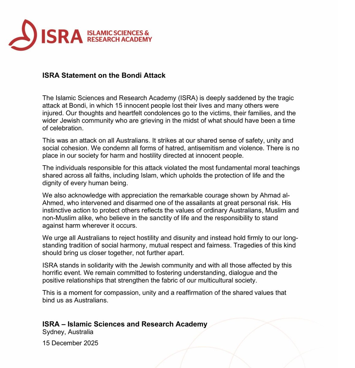 Statement from ISRA on the Bondi attack.