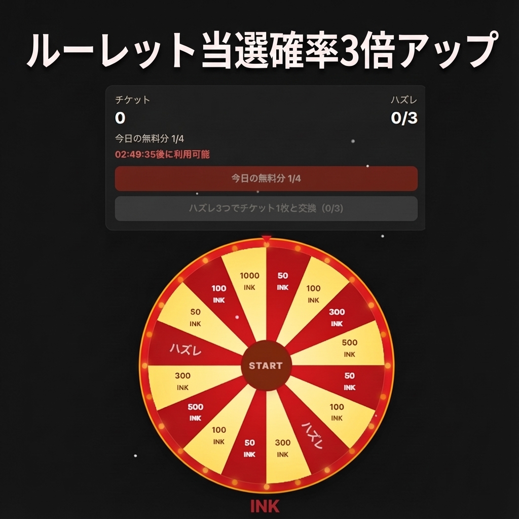 INKChat_JP's tweet photo. 🎰 【ルーレットフェスタ 確率大幅調整のお知らせ】 🎰

えっ、今なんと…？
「ハズレがよく出ていた、あのルーレットがなくなった」ですって？
はい、その通りです。
クリスマスを迎え、イベントチームがまた一仕事してしまいました🎄

✨ 調整内容はこちら ✨
✅ ハズレ確率 わずか3％（＝当選確率97％！）
✅ 全体の当選確率 3倍アップ
✅ 12月26日までの期間限定（2週間）
✅ 1日最大4回ルーレットに挑戦可能

🤫 ついでに…INK入手ルートもこっそりご紹介（内緒ですよ？）
🎯「座りたい席を選ぼう」イベントに参加
🕵️「容疑者Xを探せ」イベントに参加
🛒 INKショップ・ルーレット（1日3回）
🎰 通常ルーレット（1日4回）

📅 デイリーチェックインもお忘れなく！

🎄 えっ、まだツリーミッションをやっていないんですか？
こんなに手軽に
ポイントが拾えるイベント、盛りだくさんですよ？
#INKチャット #INKチャット_イベント #ルーレットフェスタ #ハズレ確率3パーセント