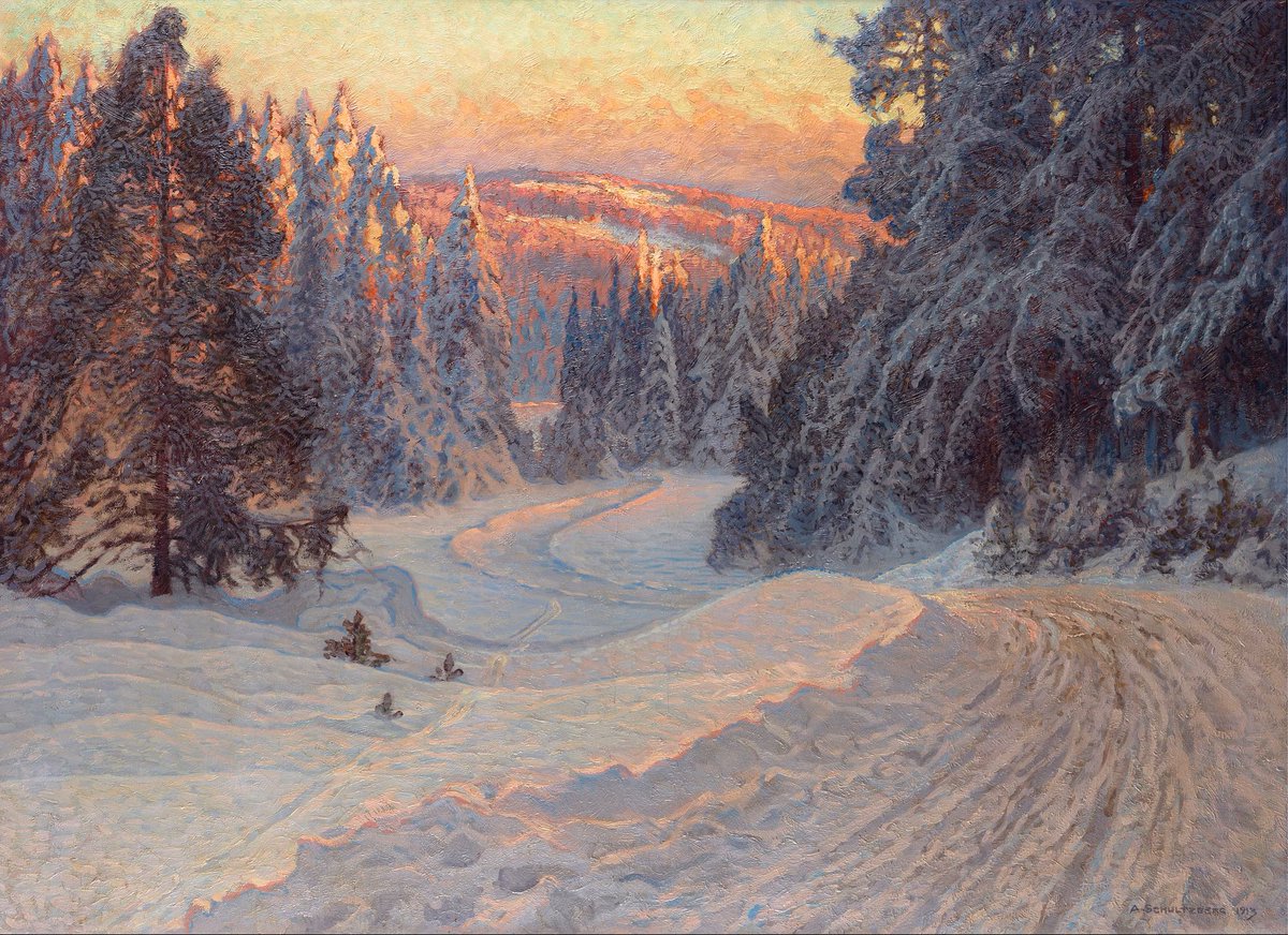 DailyClassicArt's tweet image. Anshelm Schultzberg - "Midwinter evening by a forest road, Dalarne" (1913)