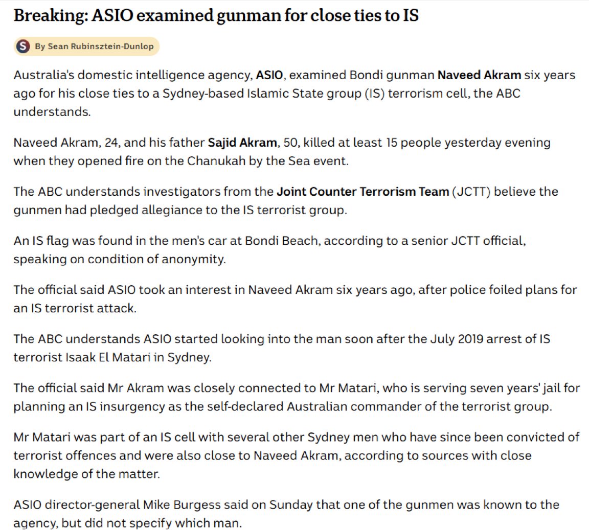 BREAKING: Australia’s domestic intelligence agency examined alleged Bondi Beach gunman Naveed Akram six years ago over his close ties to a Sydney-based ISIS terror cell.

Instead of stopping him, authorities chose appeasement.