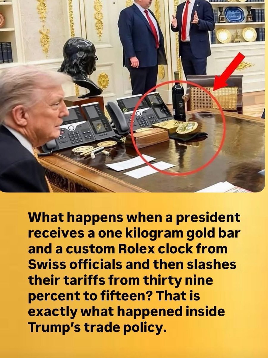 OccupyDemocrats's tweet image. Two Swiss lawmakers are calling for a bribery investigation into gifts Trump got from a delegation seeking lower tariffs. The group gave Trump an engraved gold bar and a Rolex table clock. Around a week and a half later, Trump lowered the tariffs.

It’s great to see folks calling…
