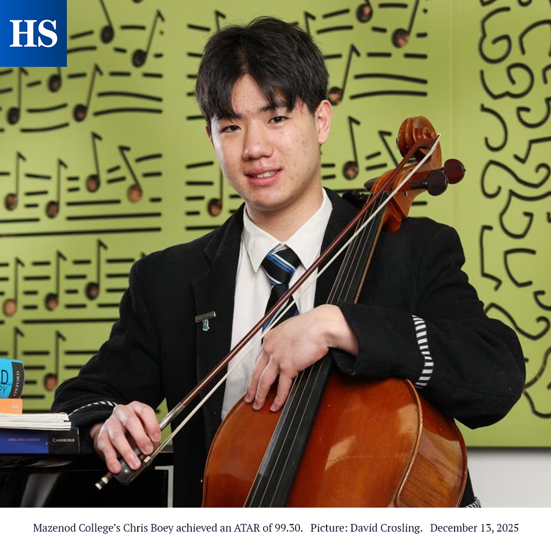 Proud to see Mazenod graduate Chris Boey featured in the Herald Sun.

Chris achieved an outstanding ATAR of 99.30, placing him in the top 1% statewide. A cellist and former Chess Captain, he now hopes to pursue biomedicine or medicine.

heraldsun.com.au/education/scho…