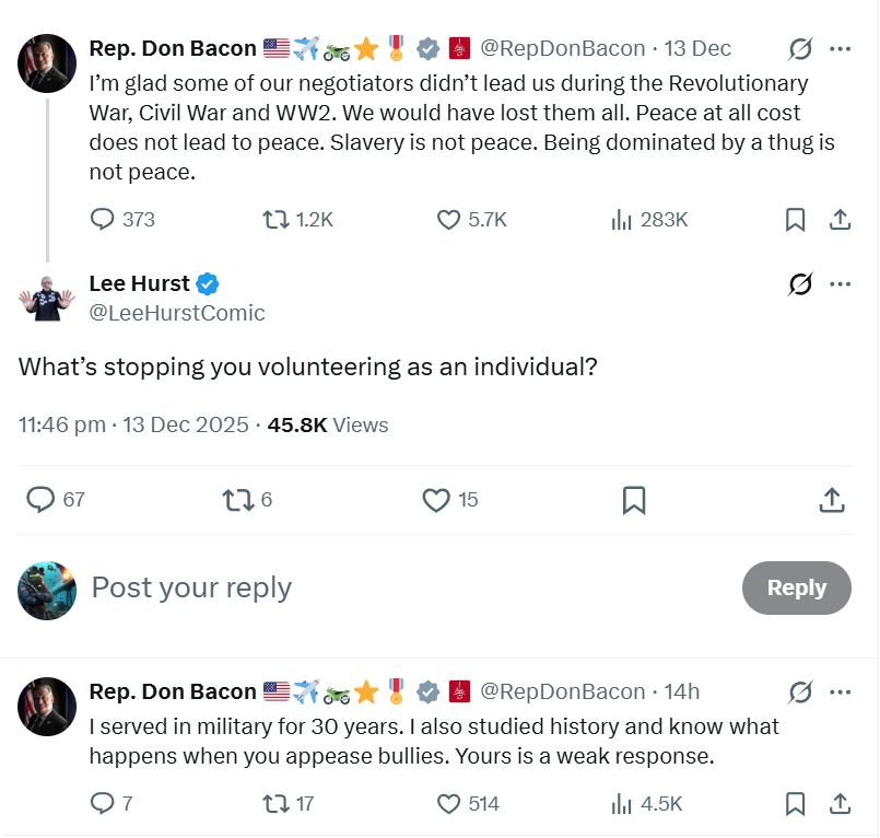 <a href="/LeeHurstComic/">Lee Hurst</a> <a href="/RepDonBacon/">Rep. Don Bacon 🇺🇸✈️🏍️⭐️🎖️</a> <a href="/lukeakehurst/">Luke Akehurst</a> Here you are for posterity Lee, 
Honestly you would think as a comedian, you would have realised that heckling from the back rarely goes well. 
Brilliant line "Why don't you volunteer" to a retired Brigadier General🤦‍♂️🤦‍♂️🤦‍♂️ 
The stock Tankie comment always cracks me up!