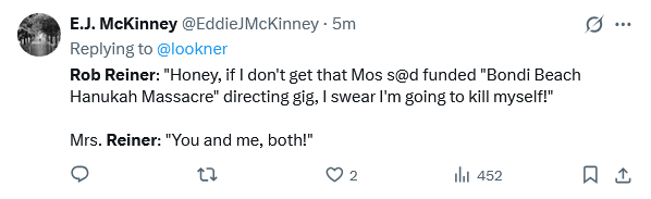 SethFromThe716's tweet photo. Right Wing assholes: None of ours are celebrating Rob Reiner's death!!!

Also Right Wing Assholes: https://t.co/Z7AisfWW72
