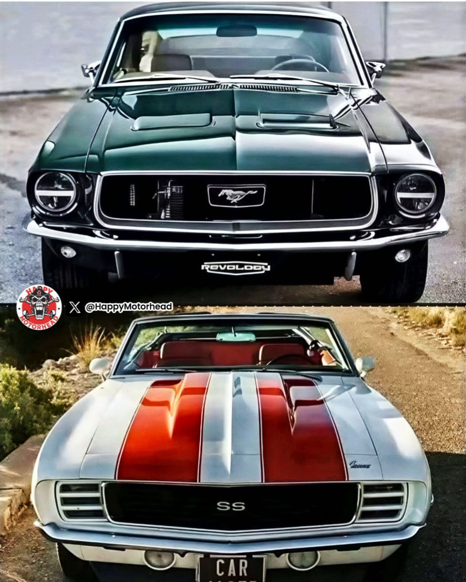 HappyMotorhead's tweet image. ♦️🔸️💎🔸️♦️🔹️💎🔹️♦️🔸️💎🔸️♦️

The eternal muscle car showdown: Bullitt Mustang's stealthy green menace vs. '69 Camaro Pace Car's bold stripes and attitude.  

Which front end wins the stare-down for you 👉 Ford pony power or Chevy SS swagger❓️ 🐎🔥  

#Mustang #Camaro…